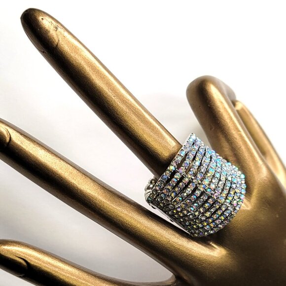 Rhinestone Ring Stretch Adjustable Ring with Aurora Borealis Rhinestones - Picture 1 of 16